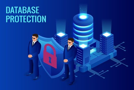 Isometric database protection concept. Server room rack, database security, shield server unit, computing digital technology. Internet equipment industry. Network telecommunication server.